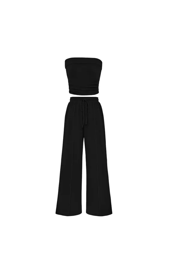 Women’s Ribbed Knit 2 Piece Lounge Set Strapless Crop Tube Top Wide Leg Pants Summer Casual Outfit
