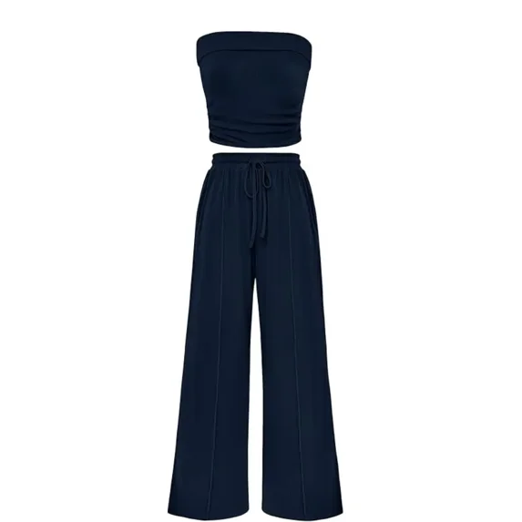 Women’s Ribbed Knit 2 Piece Lounge Set Strapless Crop Tube Top Wide Leg Pants Summer Casual Outfit