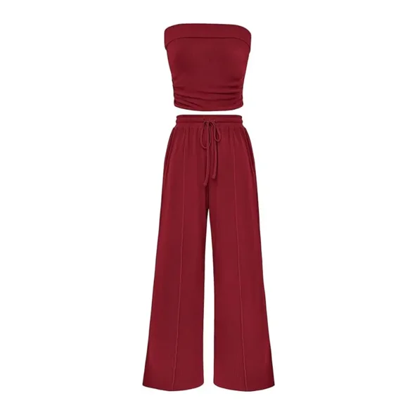 Women’s Ribbed Knit 2 Piece Lounge Set Strapless Crop Tube Top Wide Leg Pants Summer Casual Outfit