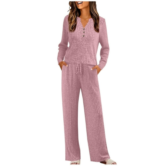 Women's Ribbed Knit 2-Piece Lounge Set - V Neck Button Top & Drawstring Wide Leg Pants with Pockets, Versatile Casual Fall Outfits for Home Work