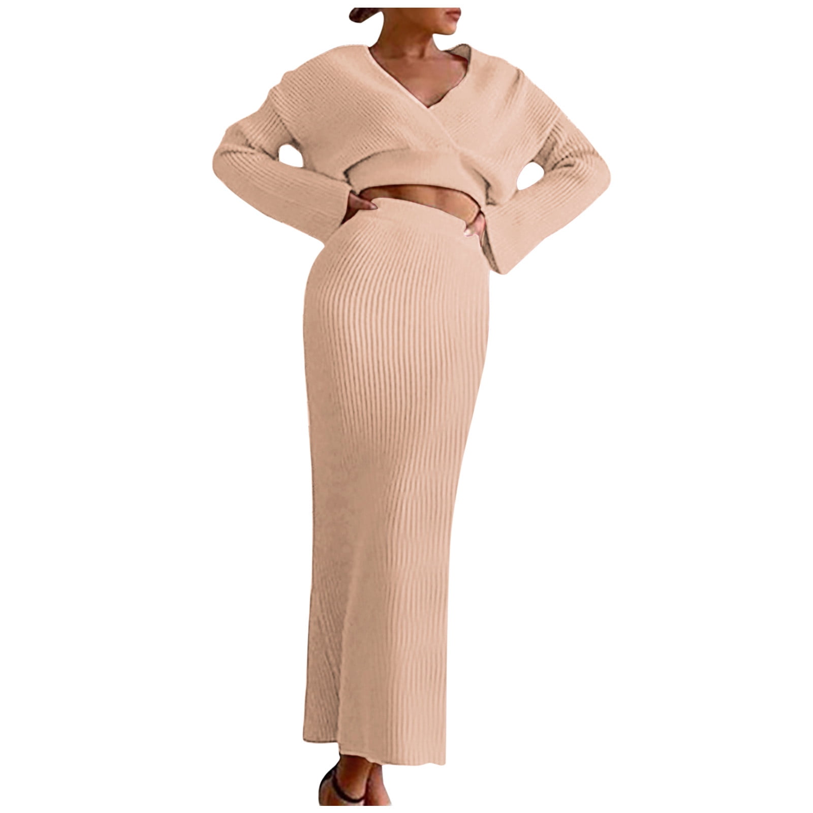 Women's Ribbed Knit 2 Piece Outfits Casual Long Sleeve V