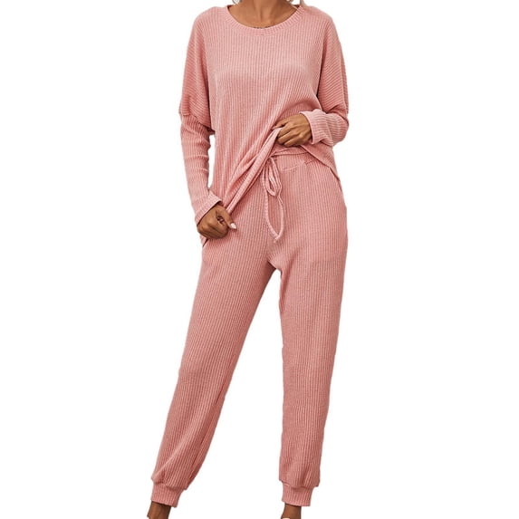 Women's Ribbed Knit 2 Piece Outfits Casual Solid Crewneck Long Sleeve Tops and Drawstring Pants Sets Loungewear