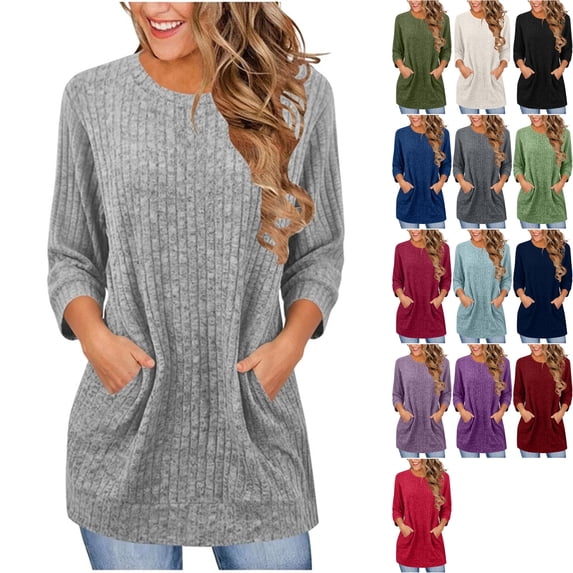 Women's Ribbed Knit 3/4 Sleeve Tunic Tops Casual Crew Neck Loose Fit Long Shirts Side Pockets to Wear with Leggings Fall Clothes, Gray, M