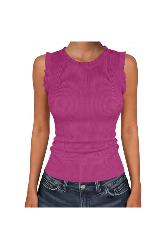 Women's Ribbed Knit Basic Tank Top Summer Slim Fit Ruffle Sleeveless Undershirt Casual Comfy High Neck Daily Wear Tee Tanks Hot Pink
