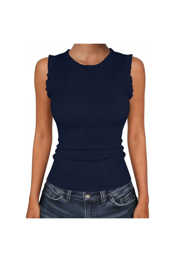 Women's Ribbed Knit Basic Tank Top Summer Slim Fit Ruffle Sleeveless Undershirt Casual Comfy High Neck Daily Wear Tee Tanks Navy