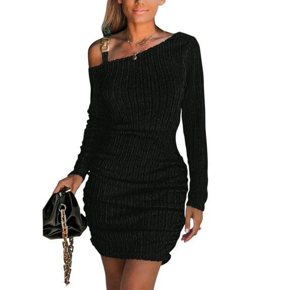 Women’s Ribbed Knit Bodycon Mini Dress – Off Shoulder Long Sleeve Holiday Party Outfit Wedding Guest Easter Dress