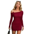 thumbnail image 1 of Women’s Ribbed Knit Bodycon Mini Dress – Off Shoulder Long Sleeve Holiday Party Outfit Wedding Guest Easter Dress, 1 of 6