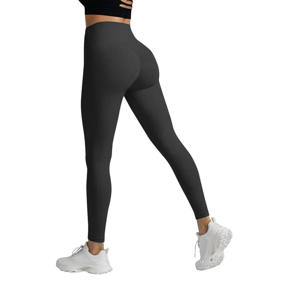 Women's Ribbed Knit Butt Lifting High Waisted Leggings Tummy Control Compression Gym Yoga Pants Anti Cellulite Athletic Workout Tights，Black，L