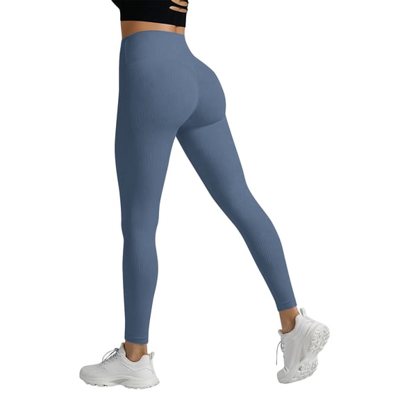 Women's Ribbed Knit Butt Lifting High Waisted Leggings Tummy Control Compression Gym Yoga Pants Anti Cellulite Athletic Workout Tights,Navy,S