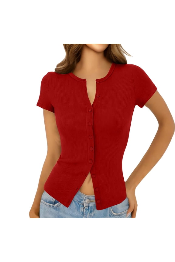 Women's Ribbed Knit Button Down Top, Short Sleeve Slim Fit Y2K Crop Going Out Blouse,Red,XXL