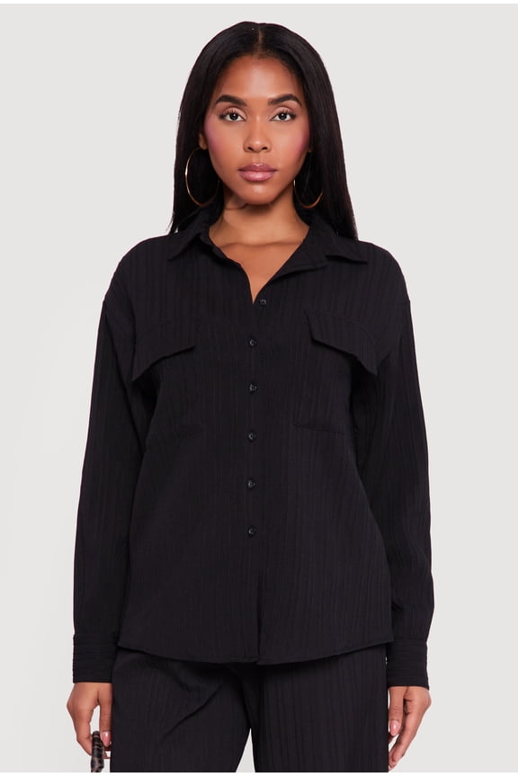 Women's Ribbed Knit Button Front Collared Blouse