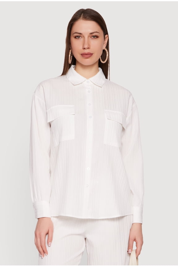 Women's Ribbed Knit Button Front Collared Blouse
