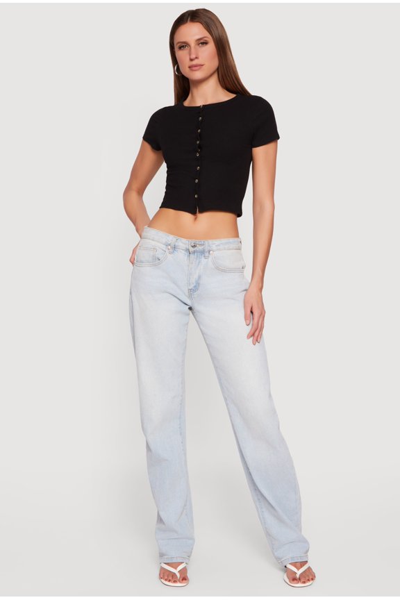 Women's Ribbed Knit Button Front Crop Top
