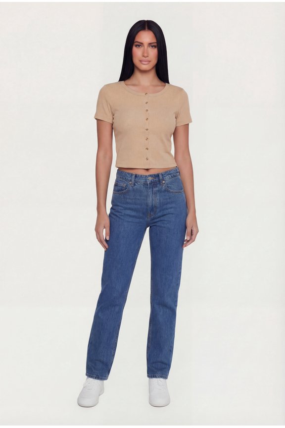 Women's Ribbed Knit Button Front Crop Top