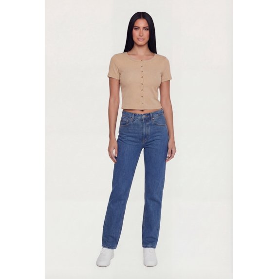 Women's Ribbed Knit Button Front Crop Top