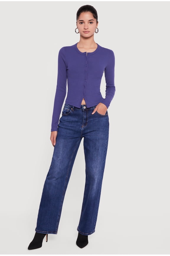 Women's Ribbed Knit Button Front Long Sleeve Top