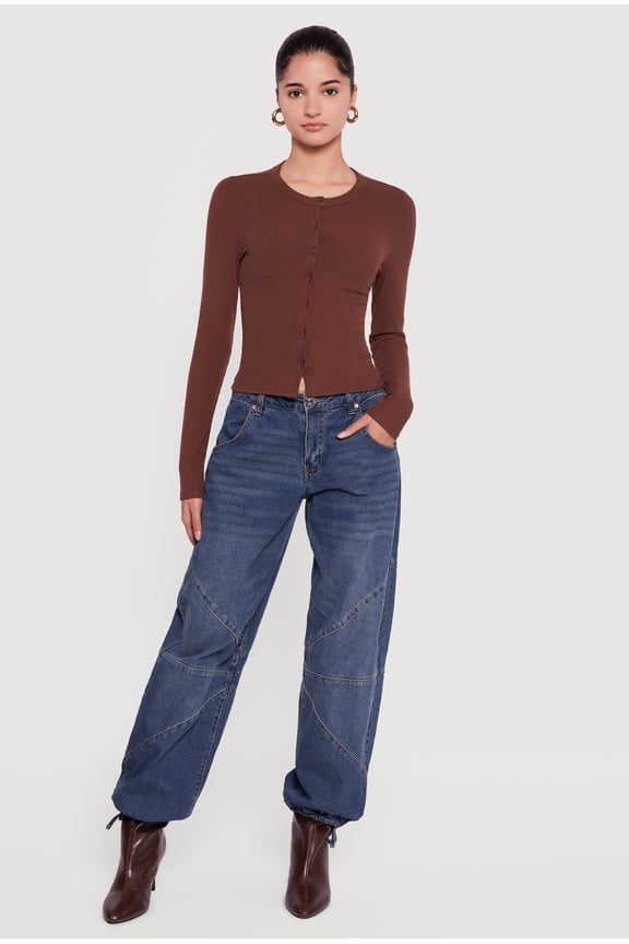 Women's Ribbed Knit Button Front Long Sleeve Top