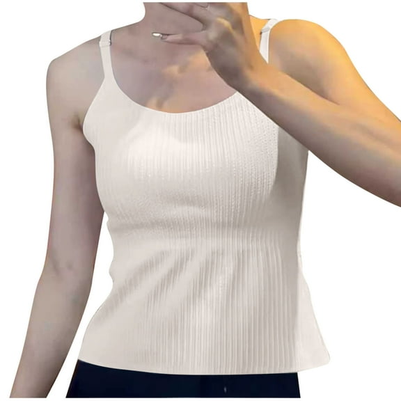 Women's Ribbed Knit Camisole Top - Adjustable Straps Built In Bra Round Neck Sleeveless Yoga Shirt Slim Fit Scoop Neck Basic Tank Solid Color Beach Vacation Fashion