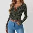 thumbnail image 1 of Women's Ribbed Knit Camo Henley Shirts Plus Size V Neck Fitted Long Sleeve Button Down Tunic Tops, 1 of 6