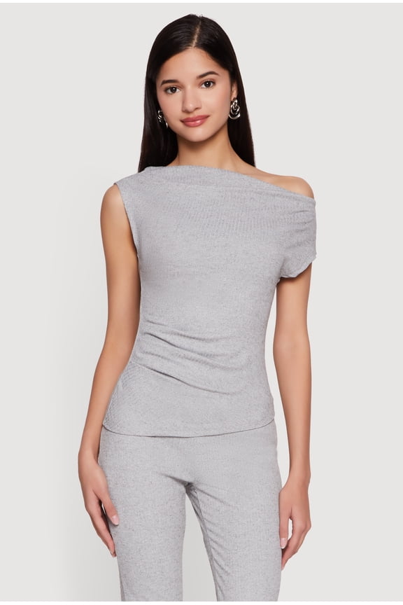 Women's Ribbed Knit Cap Sleeve Ruched Top