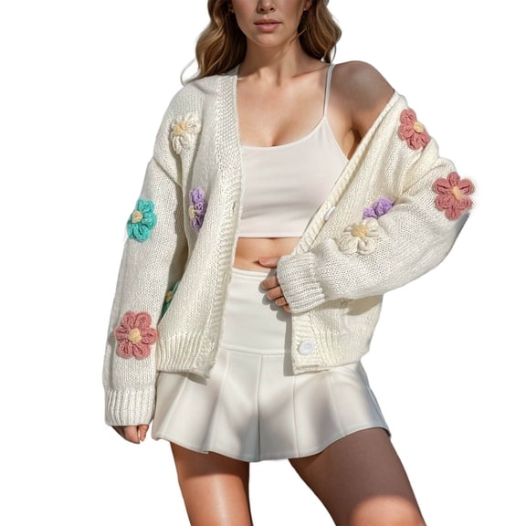 Women's Ribbed Knit Cardigans Cute Flower V Neck Button Down Trendy Sweater Oversized Jumper Top Aesthetic Clothes