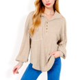 thumbnail image 1 of Women's Ribbed Knit Collared Pullover with Henley Buttons and Front Pocket - Small, Beige, 1 of 1