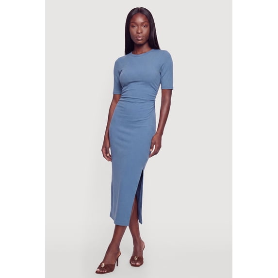 Women's Ribbed Knit Crew Neck Short Sleeve Dress with Side Slit
