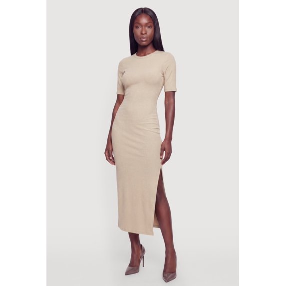 Women's Ribbed Knit Crew Neck Short Sleeve Dress with Side Slit