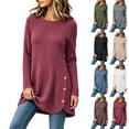 thumbnail image 1 of Women's Ribbed Knit Crewneck Tunic Tops Fall Long Sleeve Button Detail Fashion Lightweight Sweater S-XXL, 1 of 6