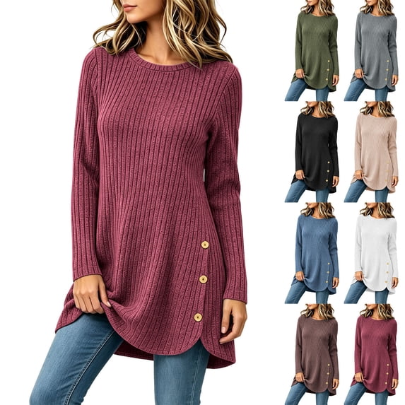 Women's Ribbed Knit Crewneck Tunic Tops Fall Long Sleeve Button Detail Fashion Lightweight Sweater S-XXL