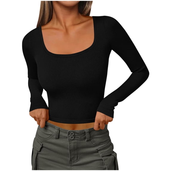 Women's Ribbed Knit Crop Tops Long Sleeve Scoop Neck Slim Fit Basic T Shirt Casual Workout Y2K Cropped Tee Shirts