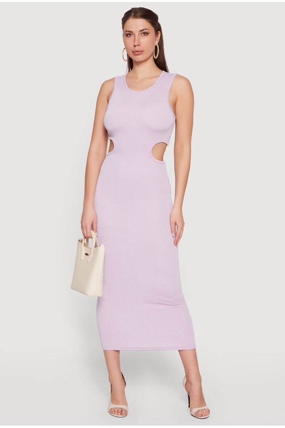 Women's Ribbed Knit Cut Out Detail Scoop Neck Midi Dress