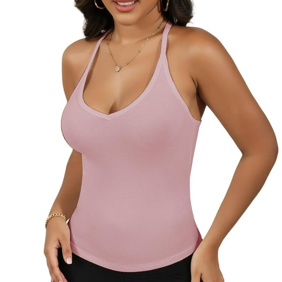 Women's Ribbed Knit Deep V Neck Tank Top with Seamless Design - Large, Pink