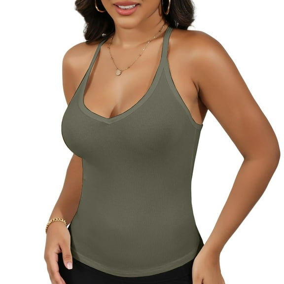 Women's Ribbed Knit Deep V Neck Tank Top with Seamless Design - Medium, Olive Green