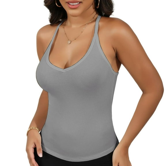 Women's Ribbed Knit Deep V Neck Tank Top with Seamless Design - Small, Gray