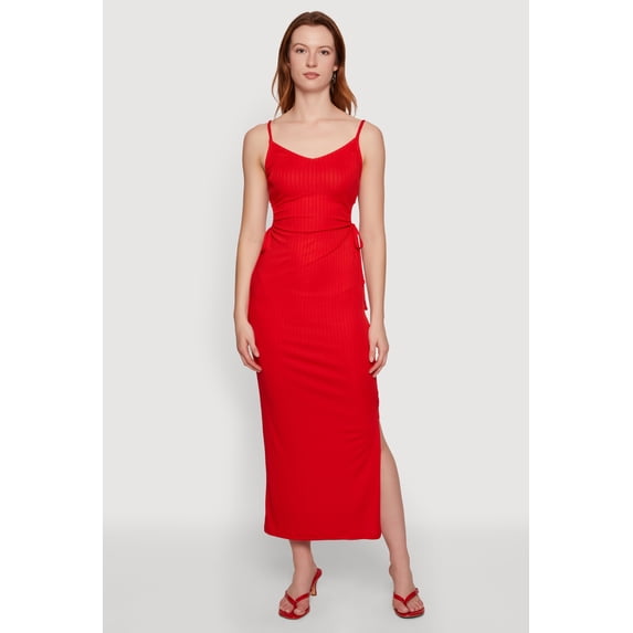 Women's Ribbed Knit Drawstring Keyhole Detail Side Slit Maxi Dress