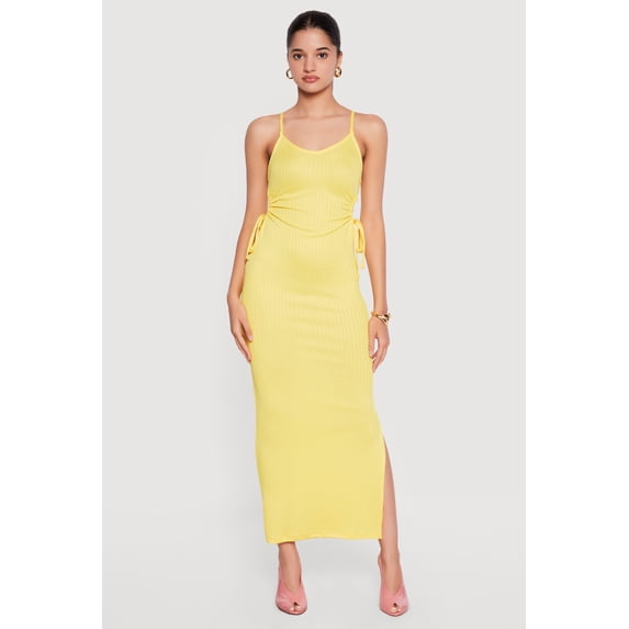 Women's Ribbed Knit Drawstring Keyhole Detail Side Slit Maxi Dress