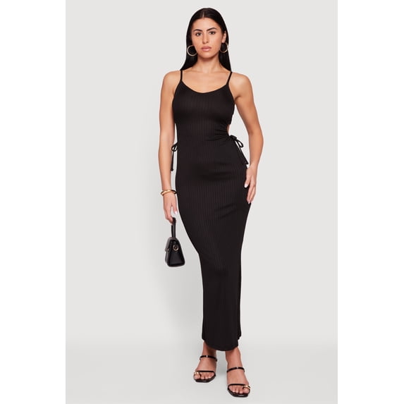 Women's Ribbed Knit Drawstring Keyhole Detail Side Slit Maxi Dress