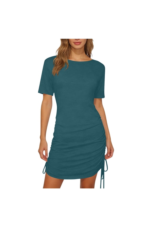Women's Ribbed Knit Dress Drawstring Side Ruched Short Dresses