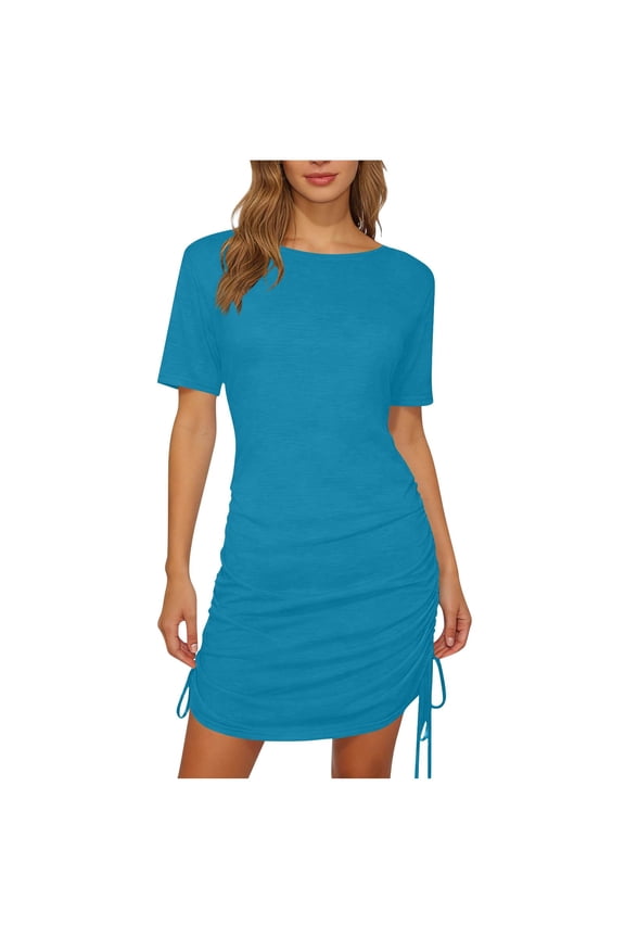 Women's Ribbed Knit Dress Drawstring Side Ruched Short Dresses