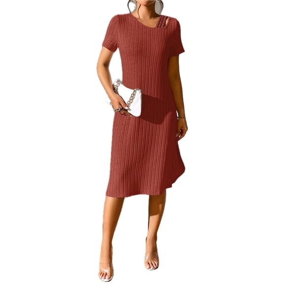 Women's Ribbed Knit Dress with Asymmetrical Neck Short Sleeves Knee Length Casual Urban Wear 95% Polyester 5% Spandex