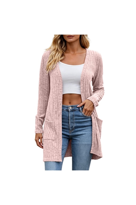 Women's Ribbed Knit Duster Cardigan Open Front Long Sleeve Sweater Coat with Pockets Loose Soft Casual Layering Outerwear for Spring Fall Pink