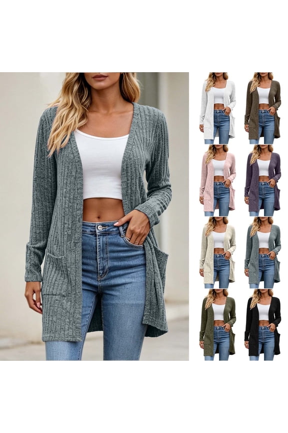 Women's Ribbed Knit Duster Cardigan Open Front Long Sleeve Sweater Coat with Pockets Loose Soft Casual Layering Outerwear for Spring Fall White