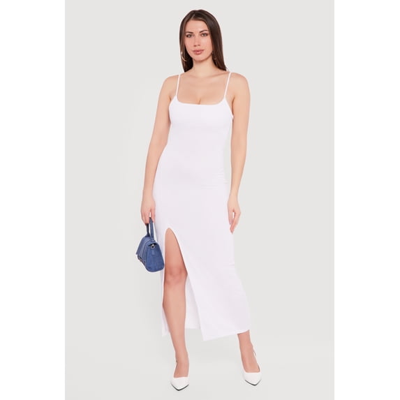 Women's Ribbed Knit Front Slit Scoop Neck Dress