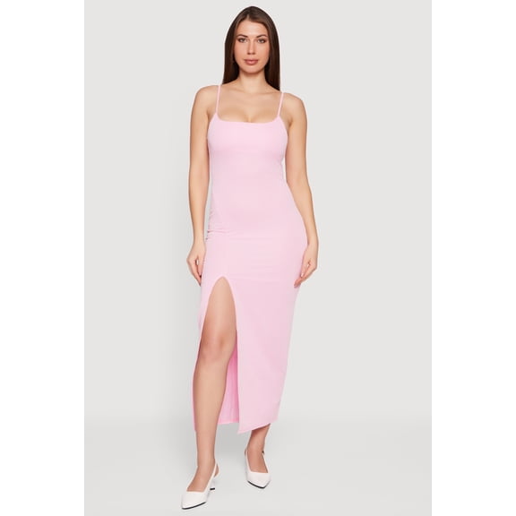 Women's Ribbed Knit Front Slit Scoop Neck Dress