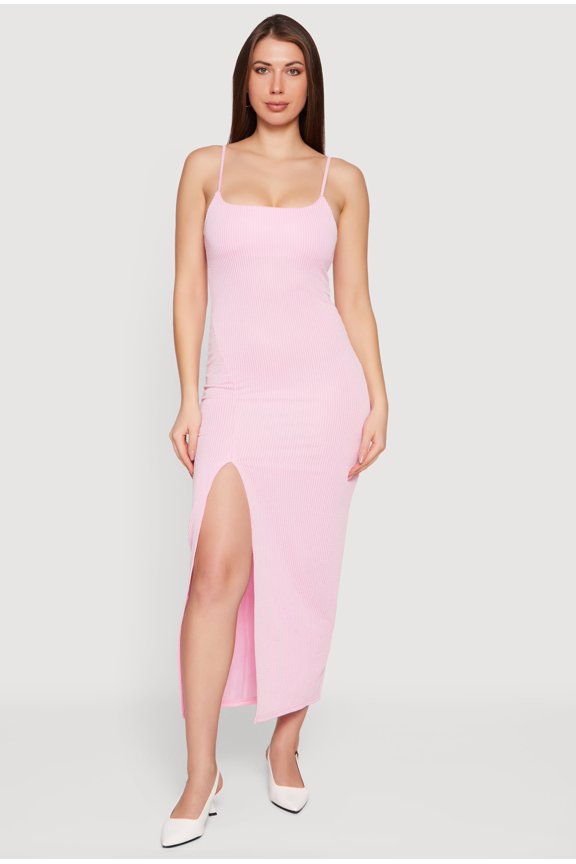 Women's Ribbed Knit Front Slit Scoop Neck Dress