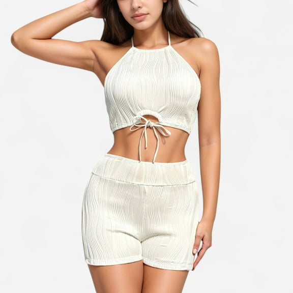 Women's Ribbed Knit Halter Crop Top with Front Tie Cutout and Matching High Waist Shorts Lounge Set - Small, White
