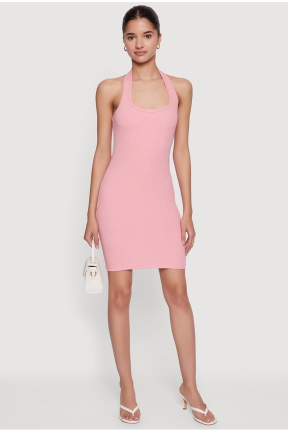 Women's Ribbed Knit Halter Mini Dress