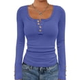 thumbnail image 1 of Women's Ribbed Knit Henley Shirts Casual Fall Long Sleeve Scoop Neck Blouses Basic T Shirts 2026 Slim Fit Pullover Top, 1 of 6