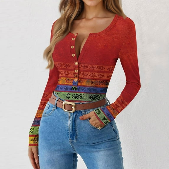 Women's Ribbed Knit Henley Shirts Stretch V Neck Fitted Long Sleeve Button Down Tunic Fall Tops